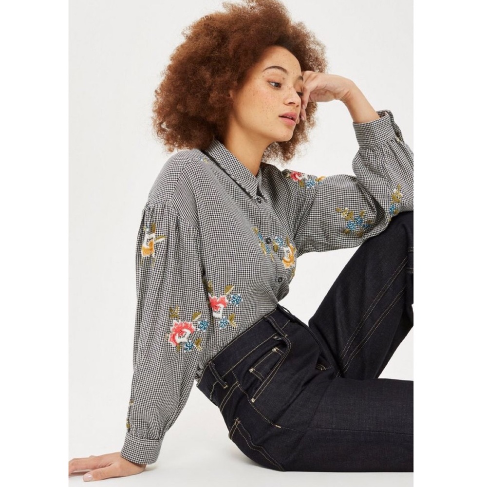 Topshop Black & White Gingham Button-Down Shirt with Floral Embroidery